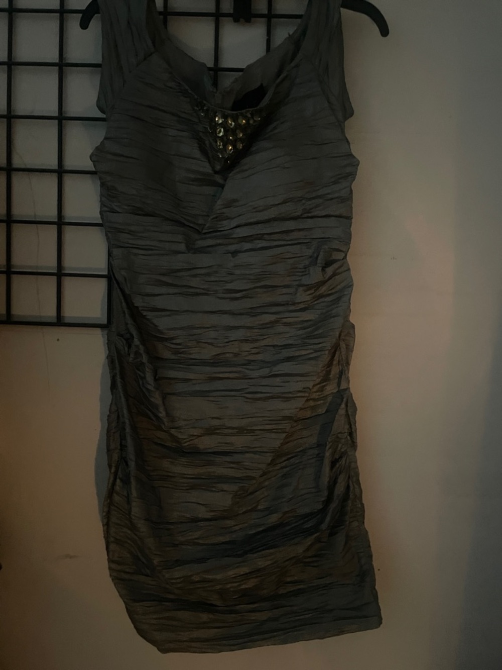 Alex Evenings Slate Gray Ruched Evening Dress with Beaded V-Notch